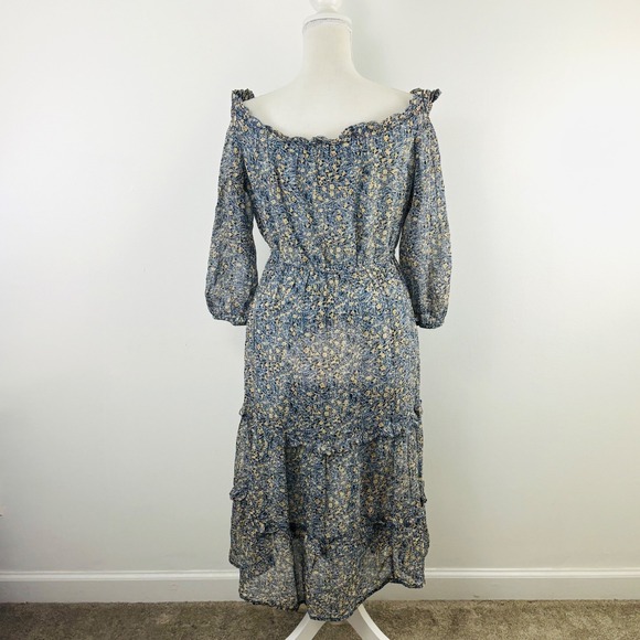 Anthropologie Kira Floral Off The Shoulder Tiered Midi Dress Blue Yellow Size 4 - Picture 5 of 10